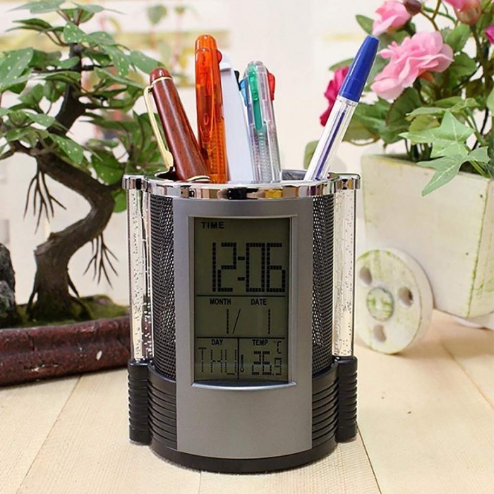 LED Desk Alarm Clock Mesh Pen Pencil Holder Calendar Timer